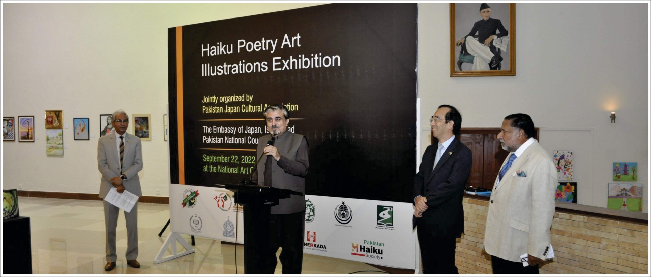 Mr. Jamal Shah addresses the audience at the Haiku Poetry Art Illustration Exhibition, National Art Gallery, Islamabad, on September 22, 2022.
